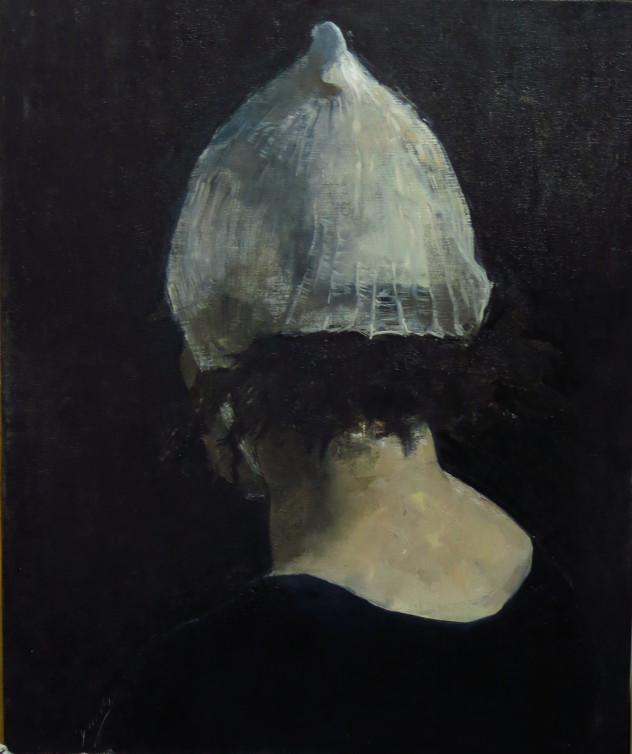 头颅上的白色－网状弹力绷带帽 50x60cm 2014年 布面油画